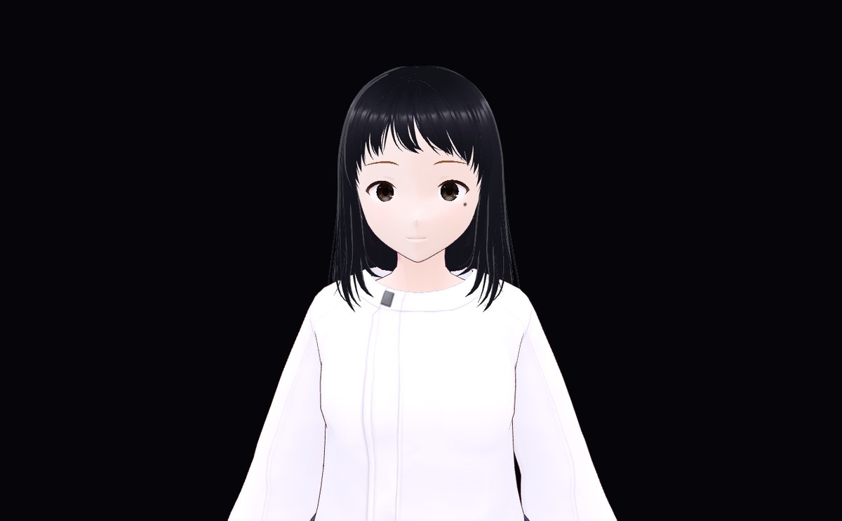 黒い背景に、こちらを向いた彼女の上半身が映っている外出モードの画面